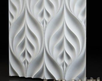 May include: White 3D wall panel with a repeating pattern of stylized leaves. The panel has a smooth, textured surface and a modern design.