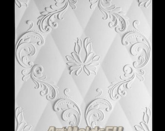 May include: White silicone mold with a raised design of a repeating pattern of diamond shapes and floral motifs. The mold is for creating decorative wall panels or other crafts.