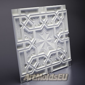Könnte beinhalten: Weißes 3D-gedrucktes Wandpaneel mit einem geometrischen Design, das einen großen Stern in der Mitte zeigt, umgeben von kleineren Sternen und komplizierten Mustern.