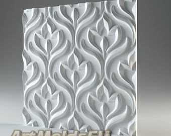 May include: White 3D wall panel with a repeating pattern of stylized leaves. The panel is made of a smooth, white material and has a slightly textured surface. The panel is designed to be used as a decorative element in interior design.