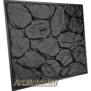 May include: Black rubber mould for creating a stone wall texture. The mould features a pattern of irregular, rounded shapes resembling natural stone.