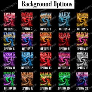 May include: A graphic design template with 20 different background options for a personalised design. Each option features a colourful, abstract design with a swirling pattern. The text "Background Options" is at the top of the image.