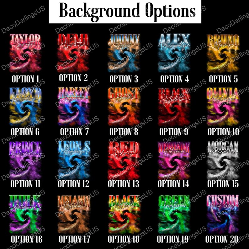 May include: A graphic design template with 20 different background options for a personalised design. Each option features a colourful, abstract design with a swirling pattern. The text "Background Options" is at the top of the image.