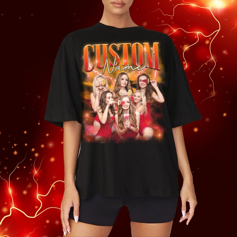 May include: Black t-shirt featuring a graphic of a group of women in red and white outfits holding lollipops. The text "CUSTOM Name" is printed in orange and yellow on the shirt.