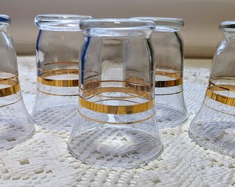 Mid Century Gold Striped Anchor Hocking Large Shot Glasses/Juice Cups