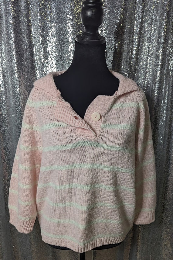 Vintage 80s Preppy Style Striped Pink Sweater M - image 1