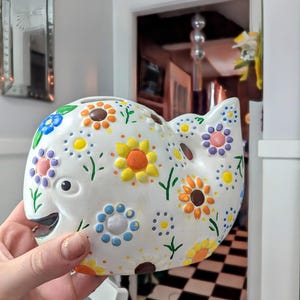 Vintage 60s-70s Kitsch Flower Power Ceramic Whale Piggy Bank