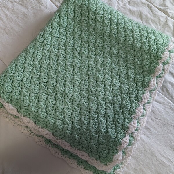 Vintage Crochet Pastel Green Afghan Blanket w White Trim 63×34