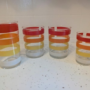 Red Orange Yellow Striped 70s Vintage Juice Glasses Set of 4