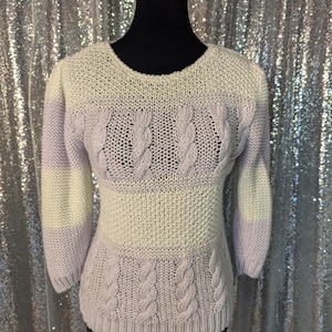 Vintage Purple and White Striped Cableknit 90s Sweater Womens M