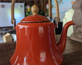 Burnt Orange Enamel And Wood Vintage Tea Kettle Pot