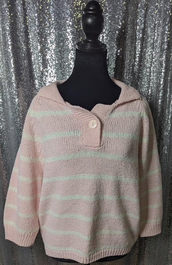 Vintage 80s Preppy Style Striped Pink Sweater M - image 2
