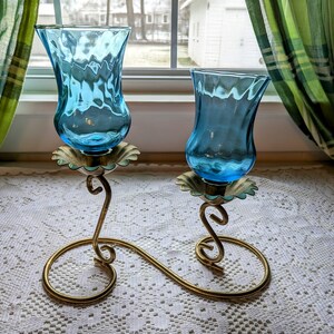 Vintage Votive Holder Blue Glass Shades with Gold Flower Holders Home Accent