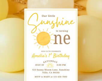 Sunshine Birthday Invitation Editable Little Sunshine 1st Birthday Boho Sun Theme Party Kids Printable You Are My Sunshine Party Invite