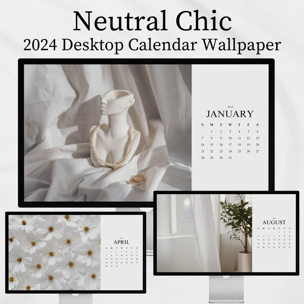 2024 Desktop Wallpaper Kalender | Neutraler Desktop Kalender Minimalistischer Digitaler Desktop Organizer Macbook Wallpaper Ästhetische weiße Tapete