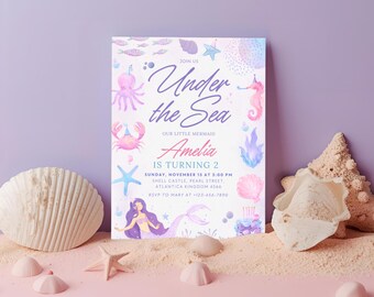 海の中の誕生日招待状テンプレート 編集可能 マーメイド オーシャンパーティー招待状 ピンク 女の子の誕生日 海の動物テーマ 誕生日 Canva 印刷可能