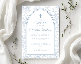 Vintage Blue Floral Baptism Invitation Template Printable Elegant Blue Flower Boy Christening Card Editable Baptism Invite Minimalist Canva