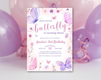 Butterfly Birthday Invitation Template Editable Girl Pink Purple Party Invite Flower Garden Birthday Card Kids Printable Canva