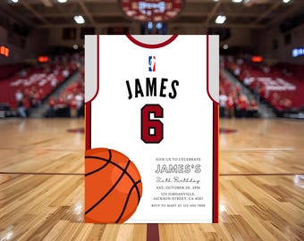 Plantilla editable de invitación de cumpleaños de los Miami Heat (Baloncesto) Plantilla de invitación para fiesta deportiva infantil Tarjeta de cumpleaños con camiseta de baloncesto para niños Canva