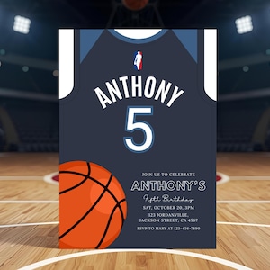 May include: Basketball-themed birthday invitation featuring a navy blue jersey design with the name "ANTHONY" and the number "5" in white. An orange basketball graphic is on the bottom left. The invitation includes event details.