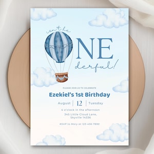 Convite de 1º aniversário com balão de ar quente | Convite editável para festa Onederful em azul para menino | Primeiro aniversário de menino | Download digital do modelo do Canva