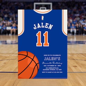 May include: A blue basketball jersey-themed invitation with the name "Jalen" and the number "11" in white and orange. A basketball graphic is at the bottom. The invitation text reads "Join us to celebrate Jalen's Eleventh Birthday."