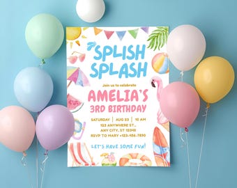 Pool Party Birthday Invitation Template Editable Splish Splash Girl Summer Theme Birthday Invite Kids Summer Party Printable Canva