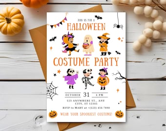 Puede incluir: Invitación a una fiesta de disfraces de Halloween con ilustraciones de niños disfrazados. La invitación incluye el texto "Join us for a Halloween Costume Party" y los detalles del evento, incluyendo fecha, hora y lugar.