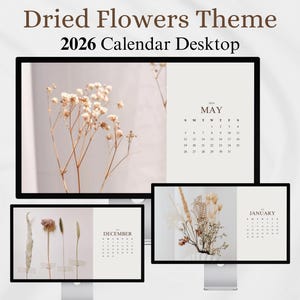 Skrivbordsbakgrundskalender 2026 – Estetiskt med torkade blommor | Minimalistisk månatlig bakgrund för laptop, MacBook, PC, digital nedladdning