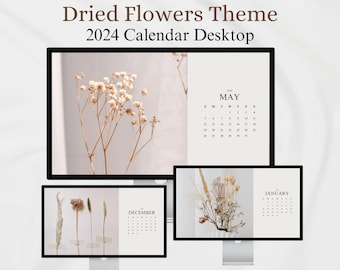 Calendrier 2024 de papier peint de bureau | Fleurs séchées Calendrier de bureau Organiseur de bureau numérique minimaliste Papier peint esthétique Papier peint Macbook