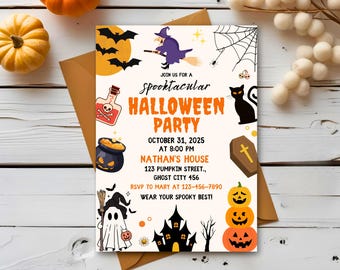 May include: A Halloween party invitation with orange and black graphics. The invitation includes a witch, bats, a black cat, and pumpkins. The text reads "Spooktacular Halloween Party" with the date, time, and location.
