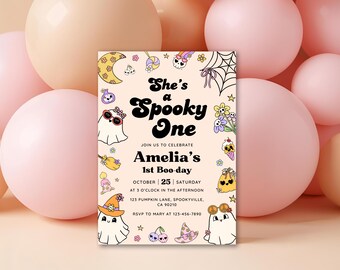 Spooky One Halloween Birthday Invitation Editable Girl 1st Birthday Party Invitation Cute Ghost Party Invite Template Halloween Party Canva