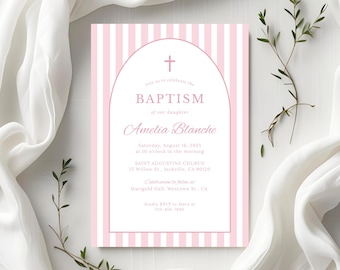 Baby Girl Baptism Invitation Template Printable Elegant Pink & White Girl Christening Card Editable Baptism Invite Minimalist Canva