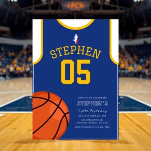 May include: A blue basketball-themed invitation with yellow accents. The design features a basketball jersey with the name "STEPHEN" and the number "05". Includes a basketball graphic and party details: date, time, and location.