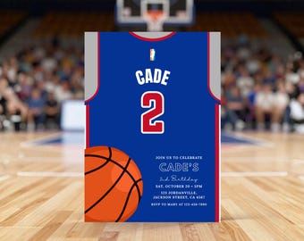 Pistons Basketball Birthday Invitation Template Basketball Jersey Birthday Invite Boys Sports Party Invite Kids Basketball Party Canva