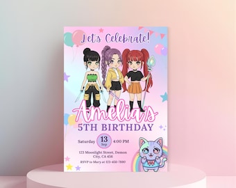 K-pop Demon Hunters Inspired Birthday Invitation Cute Anime Party Invite Editable Demon Hunters Theme Party Boy Girl Birthday Evite Canva