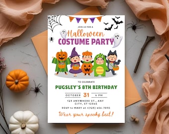 Puede incluir: Invitación a una fiesta de disfraces de Halloween con personajes de dibujos animados disfrazados. La invitación incluye el texto "Join us for a Halloween Costume Party" y "8º cumpleaños de Pugsley" con la fecha y la hora. Hay calabazas y arañas en el fondo.