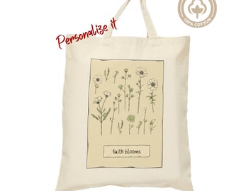 Sac fourre-tout en toile personnalisé, botanique verte, fourre-tout en toile florale Faith Blooms, sac fourre-tout esthétique, cadeau de fille, cadeaux d’enseignant, cadeaux de maman