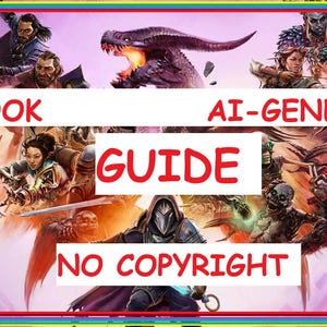 Op de afbeelding: Een kleurrijke fantasy-illustratie met een draak, personages en monsters. De tekst "E-BOOK GUIDE AI-GENERATED NO COPYRIGHT" wordt weergegeven op de afbeelding.