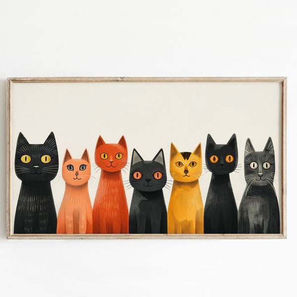 Samsung Frame TV Art, Whimsical Cats Painting, Funky Smiling Cats, Cute Home Decor, Colorful, Minimalist, Digital Art for TV