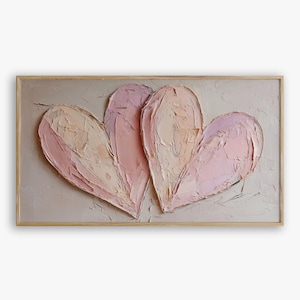 Frame TV Art | Textured Pink Impasto Hearts Oil Painting | Romantic Minimalist Palette Knife Art | Digital Download