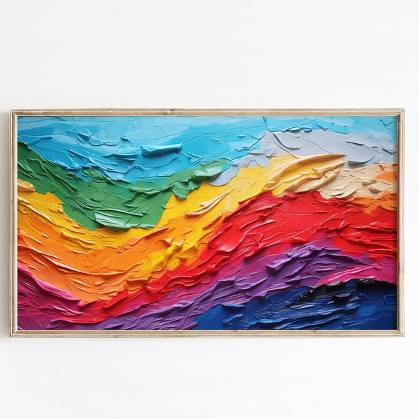Samsung Frame TV Art, Abstract Rainbow, Impasto Style Oil Painting, Colorful Brushstrokes, Minimalistic, Lg Sony Firestick TV Wallpaper Art