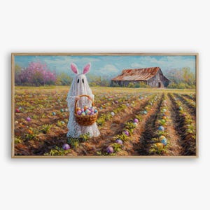 Arte de fantasmas de Pascua para TV, pintura al pastel de fantasmas de conejo, paisaje primaveral caprichoso, decoración de granero impresionista, descarga
