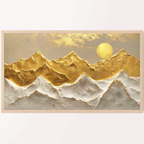 Samsung Frame TV Abstract Art, Gold & White Mountains Minimalist Painting, Summer Impasto Style 3D Mountain, Digital Download for TV