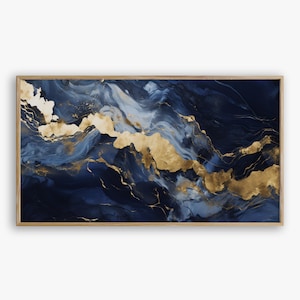 Arte para TV emoldurada | Abstrato moderno em mármore azul, dourado e preto | Textura luxuosa de tinta fluida à base de álcool | Download digital