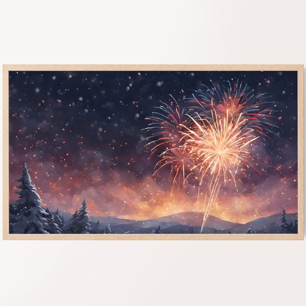 Samsung Frame TV Art, Happy New Year Fireworks, 2024 New Years Artwork, Winter Landscape, Digital Art For TV, Instant Download