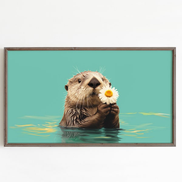 Samsung Frame TV Art, Sea Otter Holding Daffodil Sunflower, Minimalistic Wildlife Decor, Ocean Animal Art, Cute Sea Life, Digital Art for TV