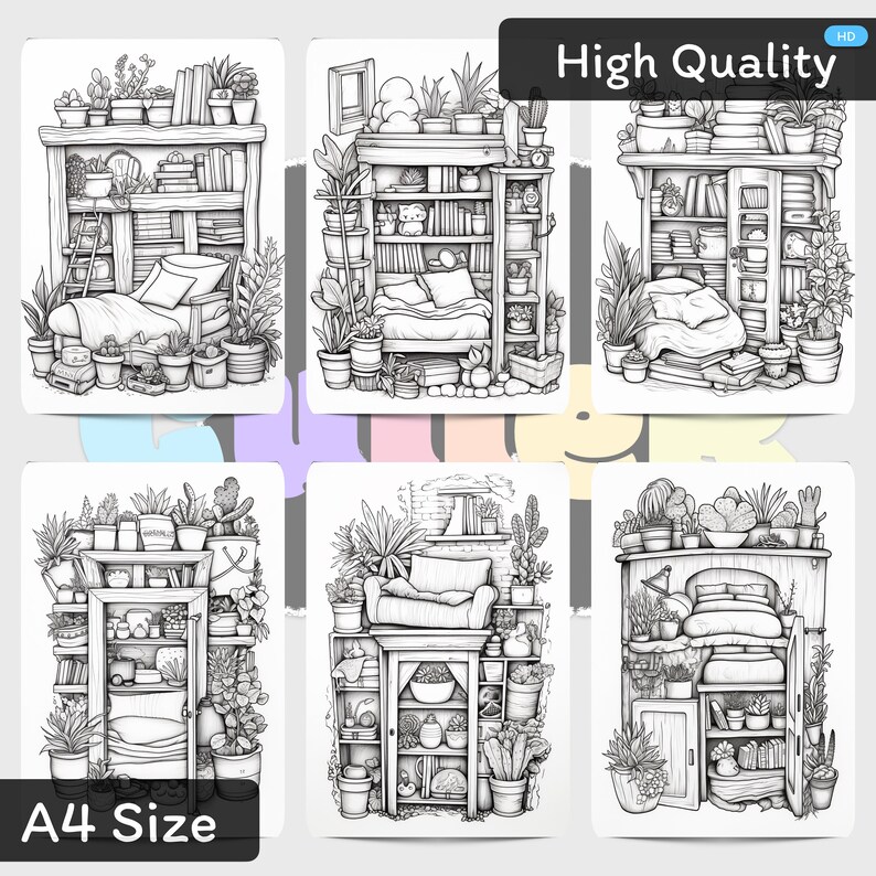 Pu&ograve; includere: Sei illustrazioni in bianco e nero di una stanza con un letto, mensole e piante. Le illustrazioni sono in formato quadrato e hanno uno sfondo bianco. Il testo "Alta Qualit&agrave;" e "Formato A4" sono in alto e in basso dell'immagine, rispettivamente.