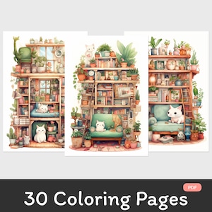 May include: Three illustrations of a cat-filled bookshelf with plants, books, and a ladder. The first image shows a cat sitting on a bed, the second shows a cat sitting in a green armchair, and the third shows a cat sitting on a couch. The illustrations are in a watercolor style and are perfect for coloring.