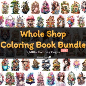 Puede incluir: Un paquete de descarga digital de más de 2.500 páginas para colorear con ilustraciones caprichosas de casas, animales y personas. El texto "Whole Shop Coloring Book Bundle" se muestra en letras grandes y en negrita. El texto "2.500+ Coloring Pages" se muestra en letras más pequeñas debajo del título. El texto "PDF" se muestra en un rectángulo rosa. El texto "Lifetime Access" se muestra en letras más pequeñas debajo del título.